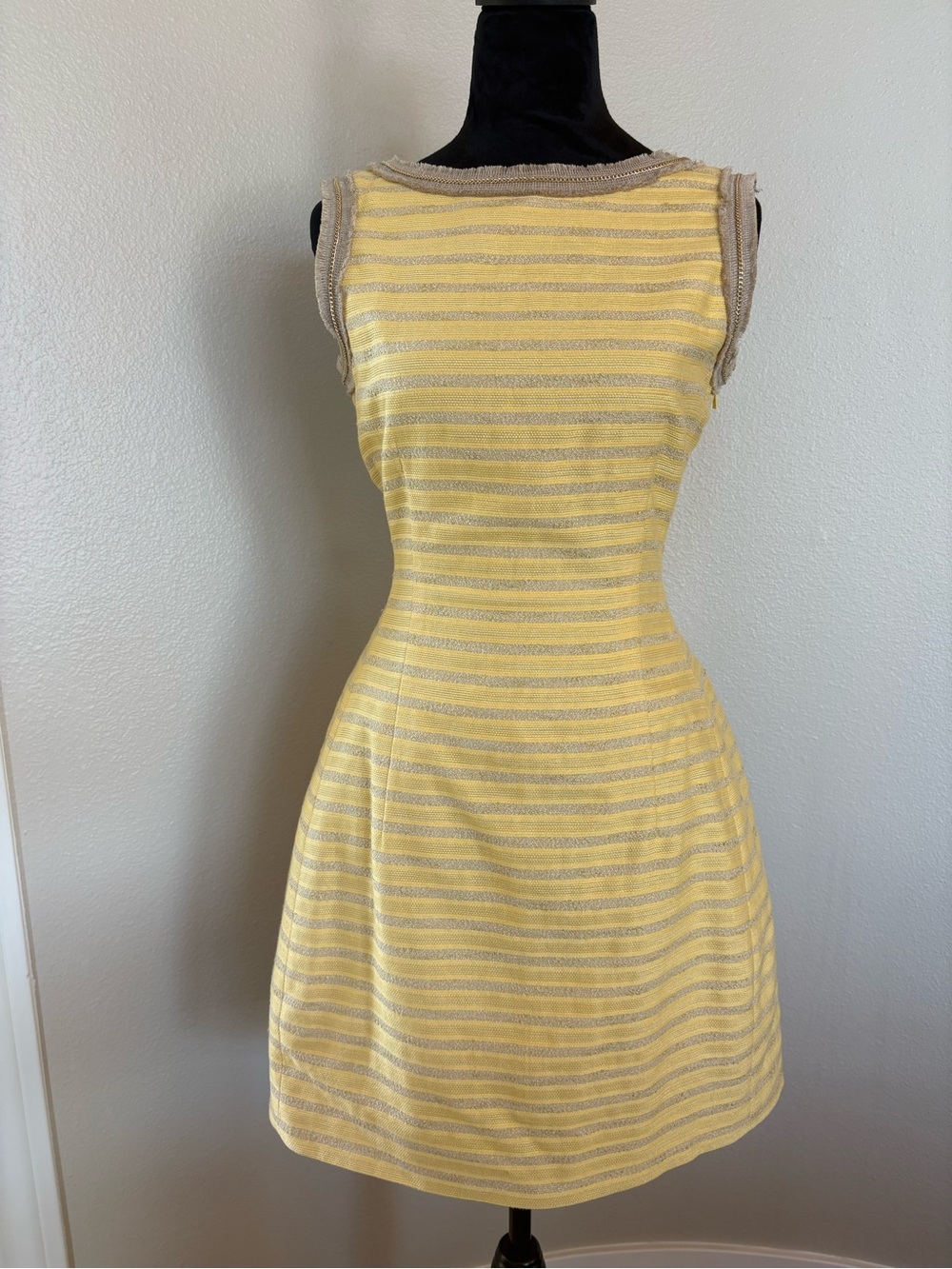 Badgley Mischka Yellow and Neutral Striped Sleeveless Mini Dress